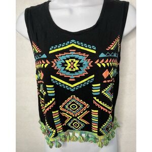 cropped sleeveless‎ fringe bottom top bohemian aztec multicolor